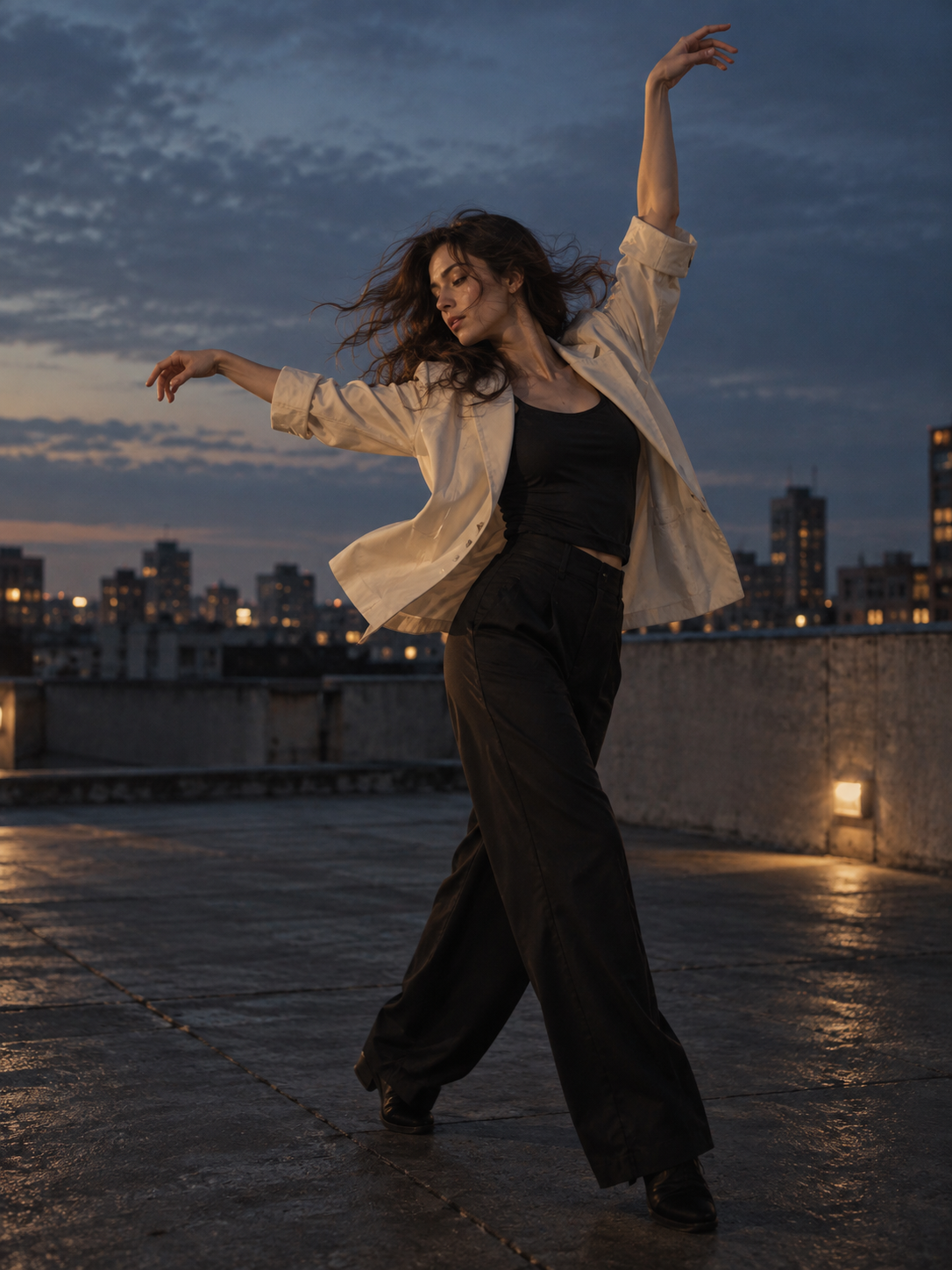 A dancer reaching into the sunset above a city rooftop